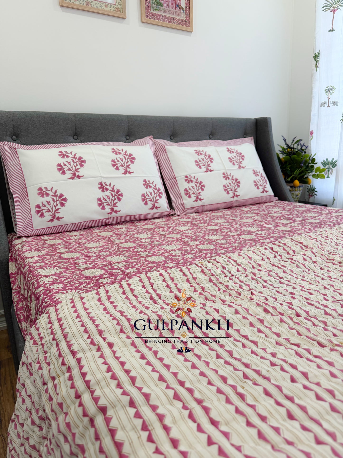 Hand Block Printed Cotton Bedding Set with Quilt - Gul Rang Mahal | Gulpankh Canada