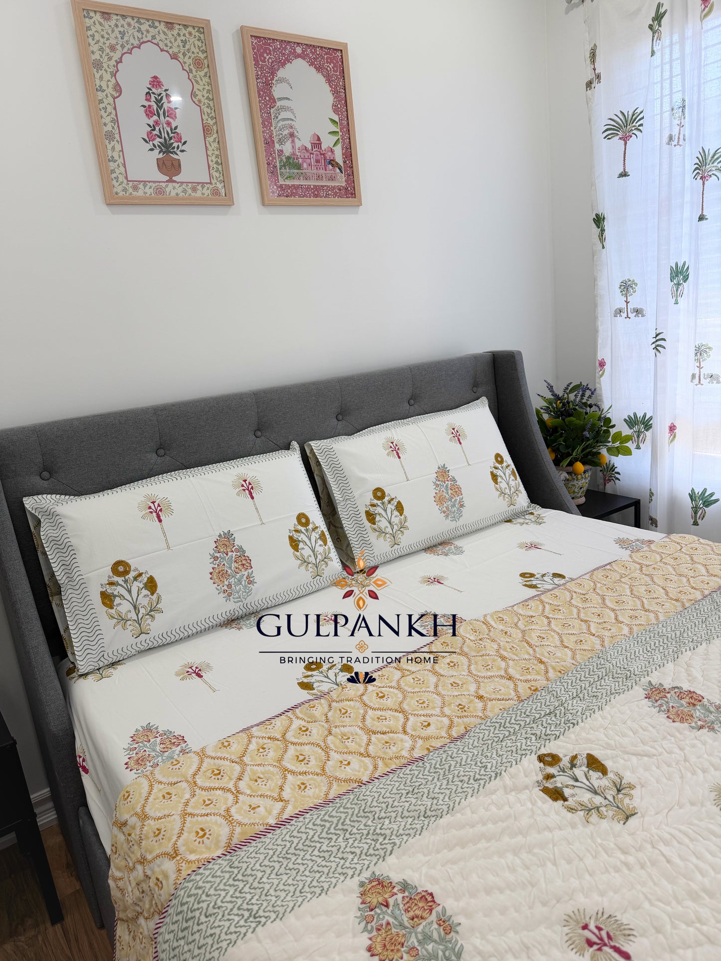 Hand Block Printed Cotton Bedding Set with Quilt - Gul Noor Bagh | Gulpankh Canada