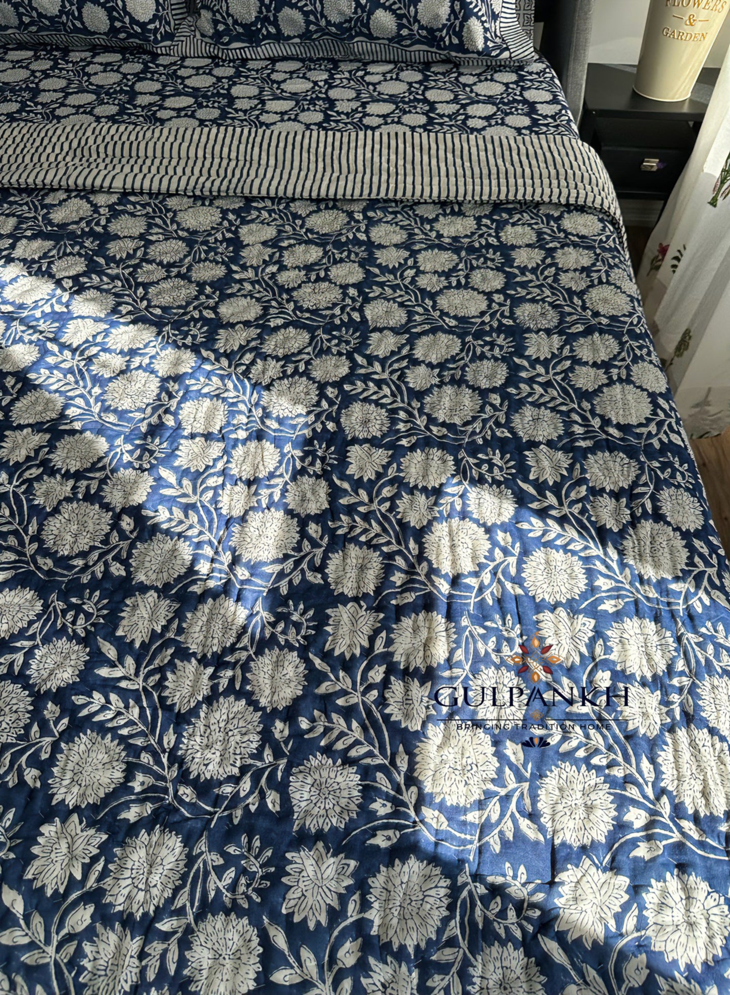 Indigo Garden Hand Block Printed Cotton Quilt | Gulpankh Canada