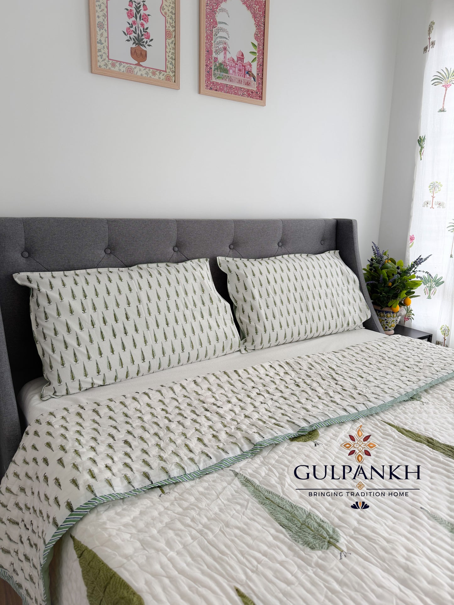 Hand Block Printed Cotton Quilt - Ivory Neem Leaf | Gulpankh Canada