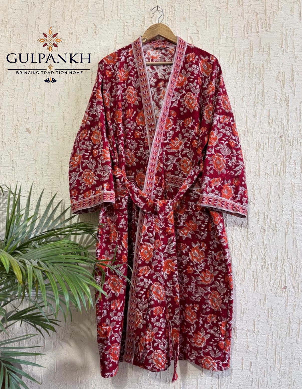 Crimson Garden Hand Block Printed Waffle Cotton Bathrobe – Cotton Spa Robe | Gulpankh Canada