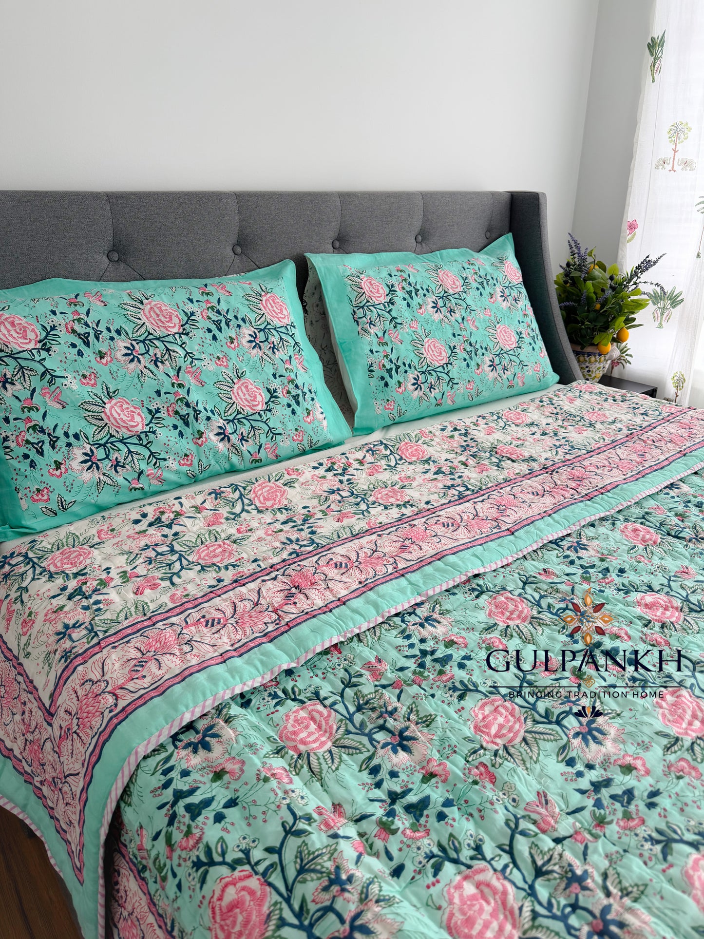 Hand Block Printed Cotton Quilt - Mint Gulab Garden | Gulpankh Canada