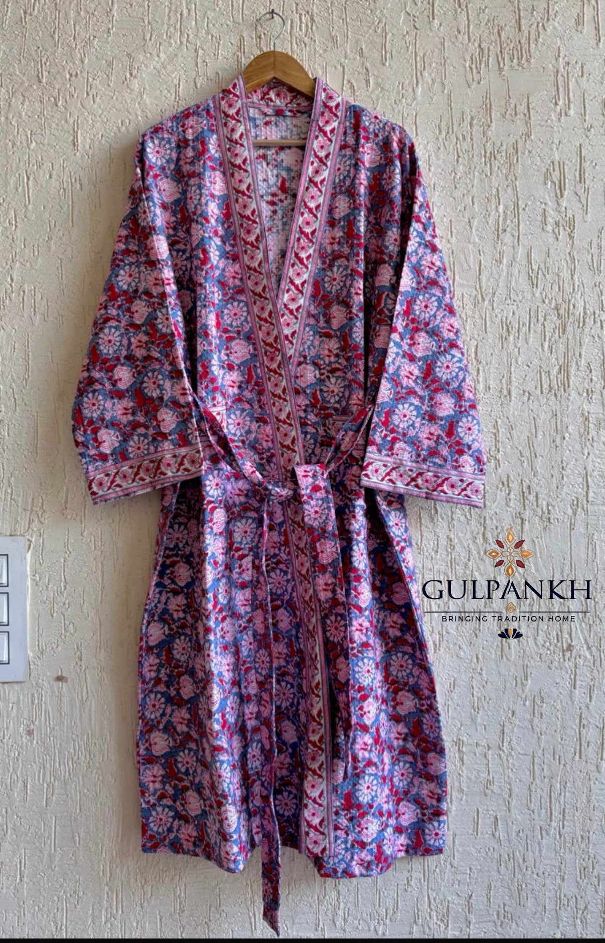 Rosewood Bloom Hand Block Printed Waffle Cotton Bathrobe – Cotton Spa Robe | Gulpankh Canada