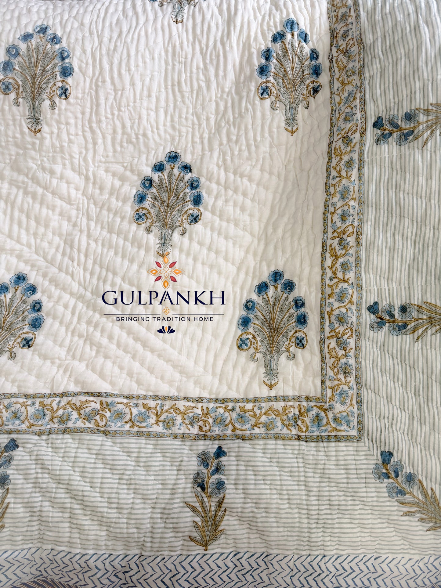 Blue Meadow Hand Block Printed Cotton Quilt | Gulpankh Canada