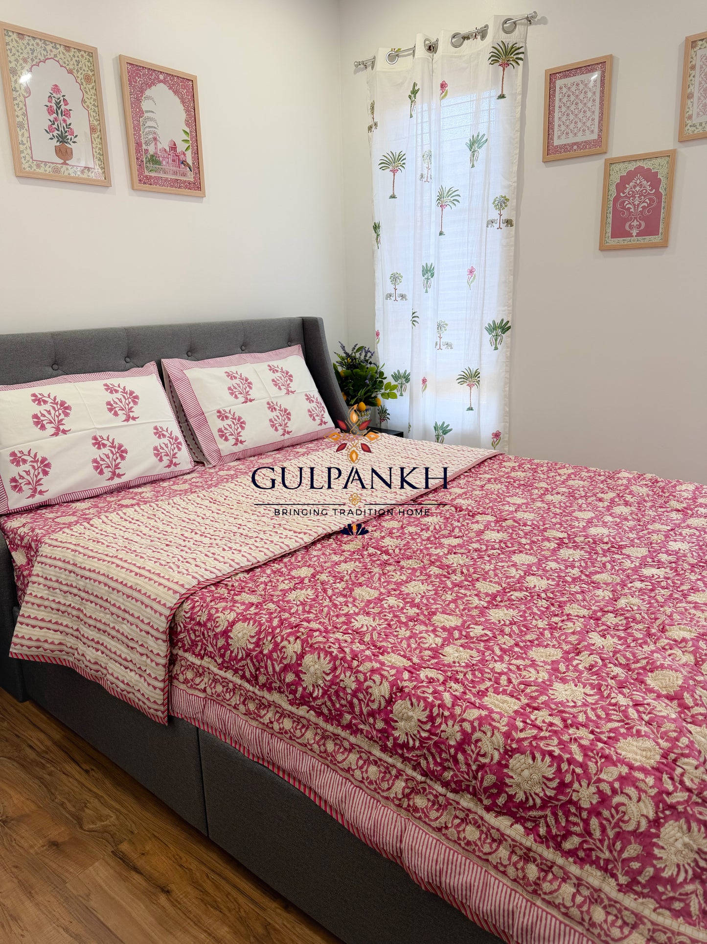 Hand Block Printed Cotton Bedding Set with Quilt - Gul Rang Mahal | Gulpankh Canada