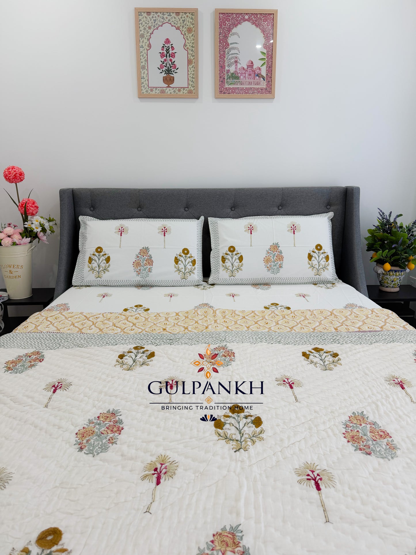 Hand Block Printed Cotton Bedding Set with Quilt - Gul Noor Bagh | Gulpankh Canada