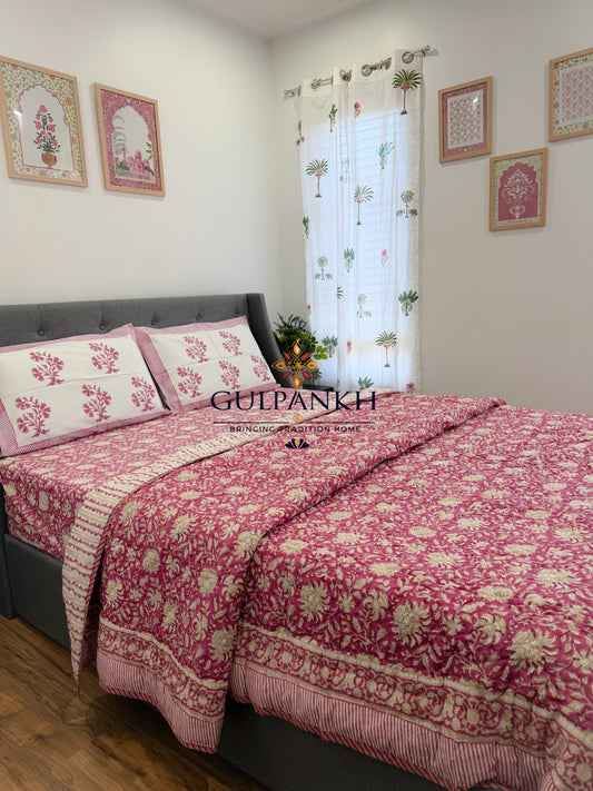 Hand Block Printed Cotton Bedding Set with Quilt - Gul Rang Mahal | Gulpankh Canada