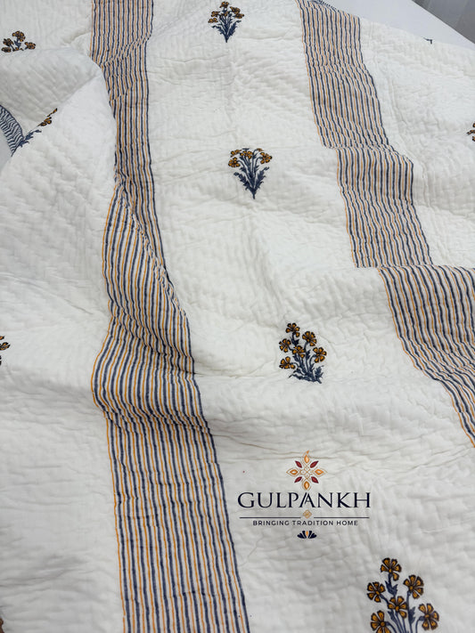 Mustard Meadow Stripe Hand Block Printed Cotton Twin Quilt Set (Set of 2 Quilts) | Gulpankh Canada