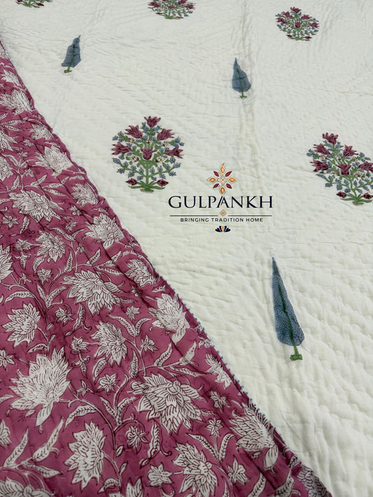 Rose Garden Hand Block Printed Cotton Twin Quilt Set (Set of 2 Quilts) | Gulpankh Canada