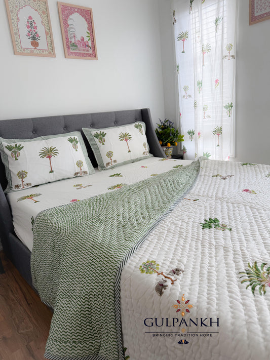Royal Palm Garden Hand Block Printed Cotton Bedding Set with Quilt | Gulpankh Canada