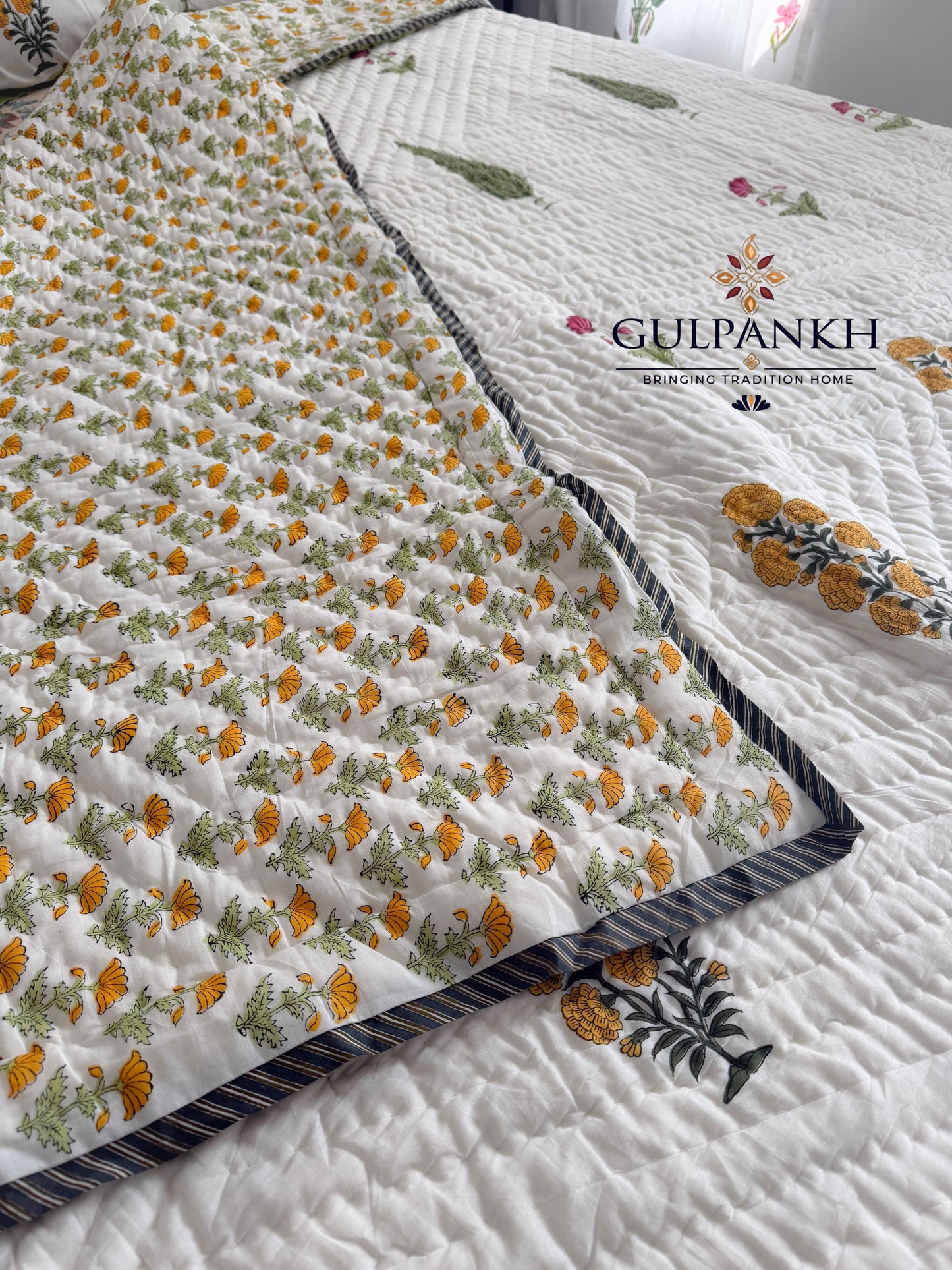 Marigold Garden Hand Block Printed Cotton Quilt | Gulpankh Canada