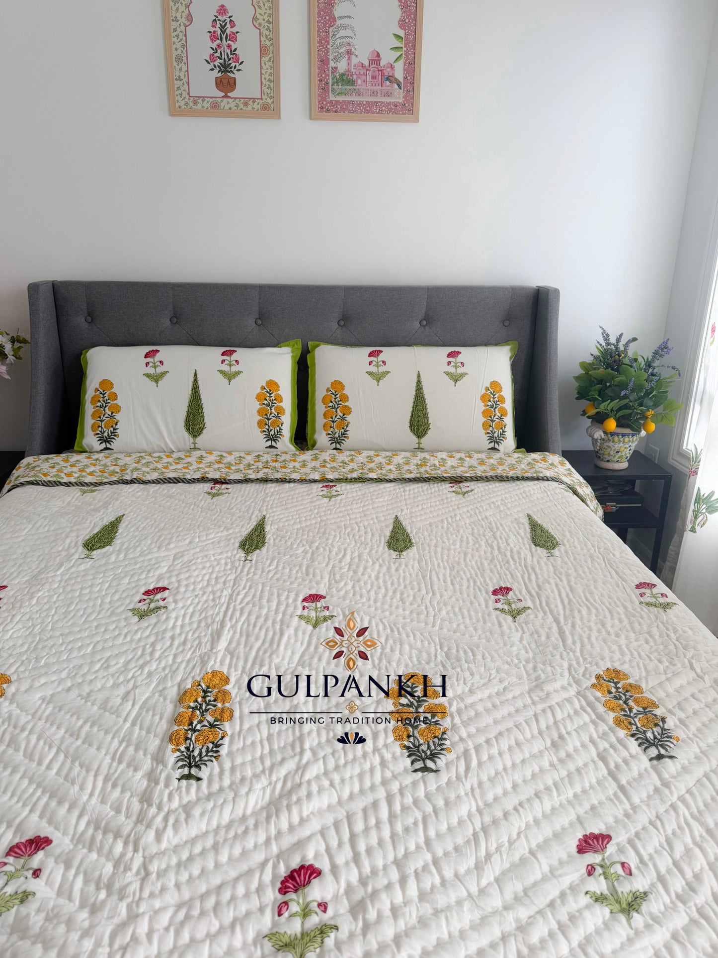 Marigold Garden Hand Block Printed Cotton Quilt | Gulpankh Canada