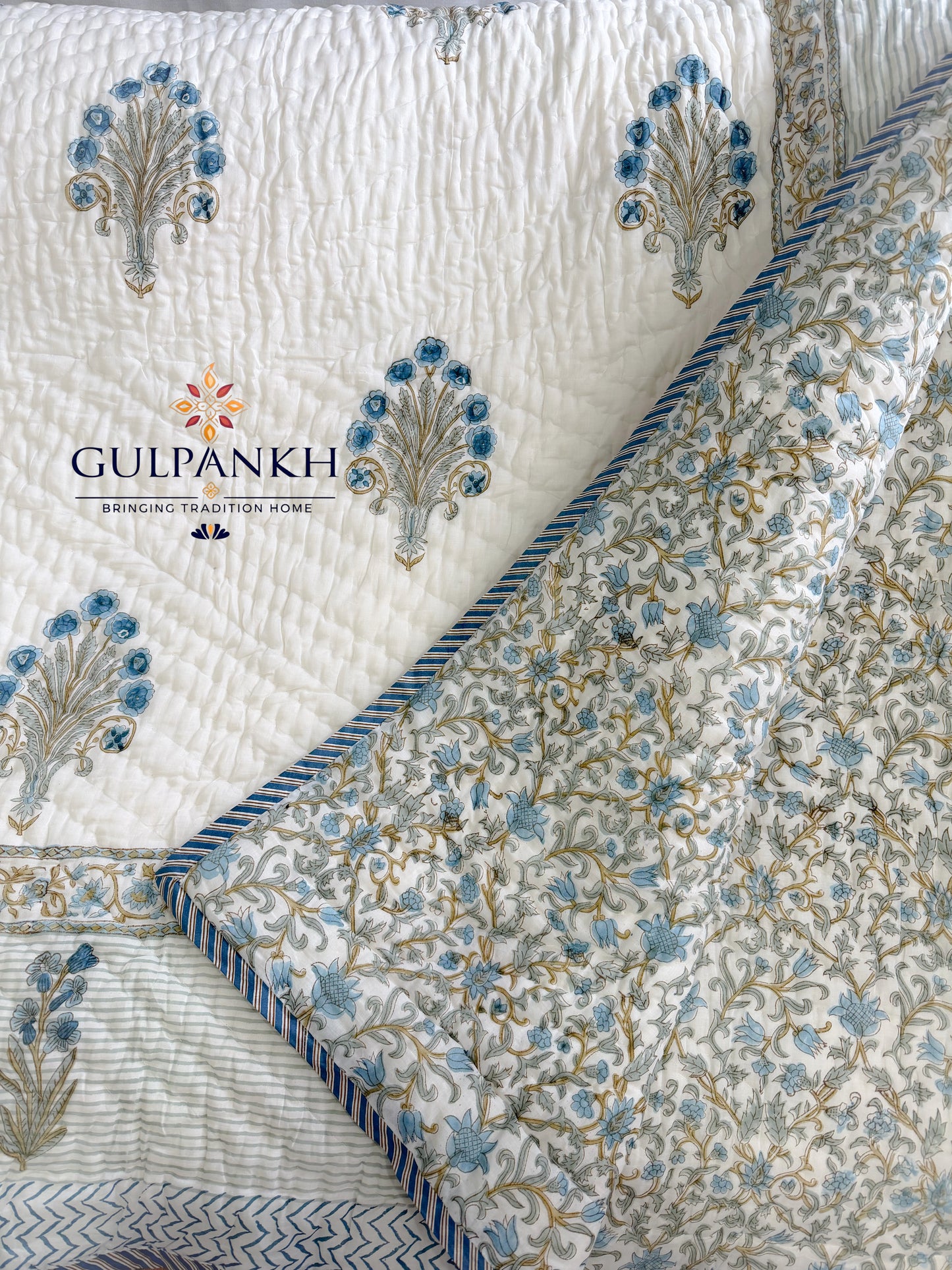 Blue Meadow Hand Block Printed Cotton Quilt | Gulpankh Canada