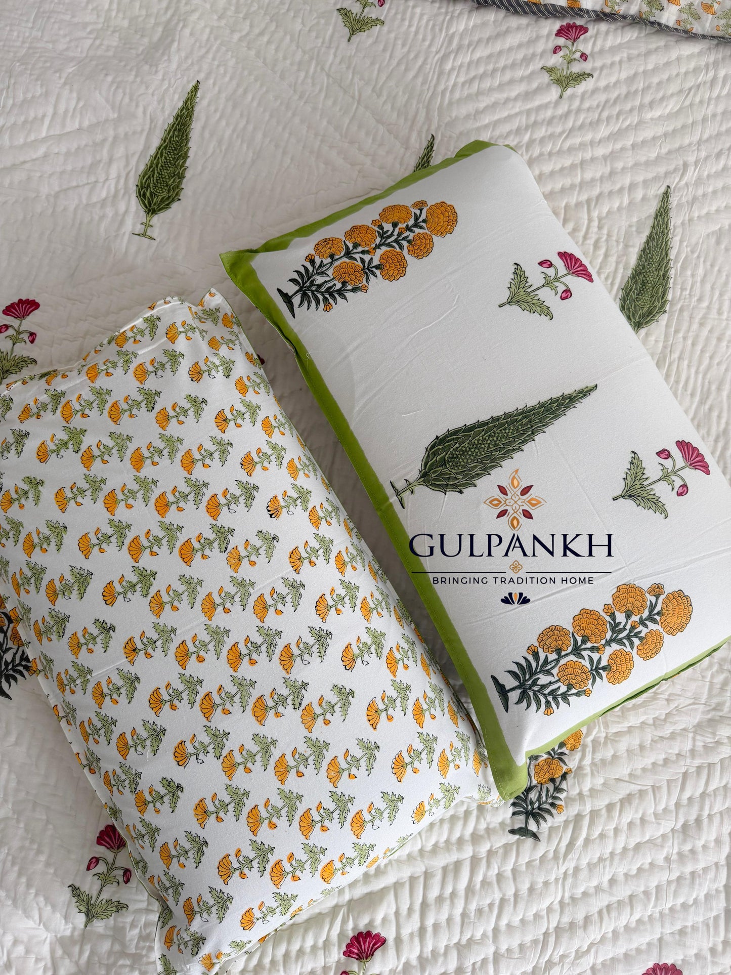 Marigold Garden Hand Block Printed Cotton Quilt | Gulpankh Canada