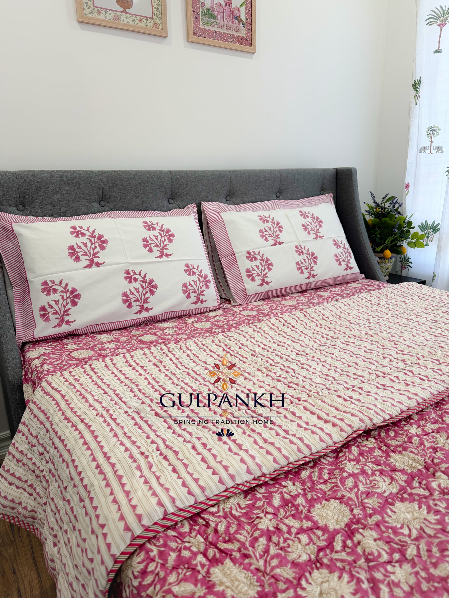 Hand Block Printed Cotton Bedding Set with Quilt - Gul Rang Mahal | Gulpankh Canada