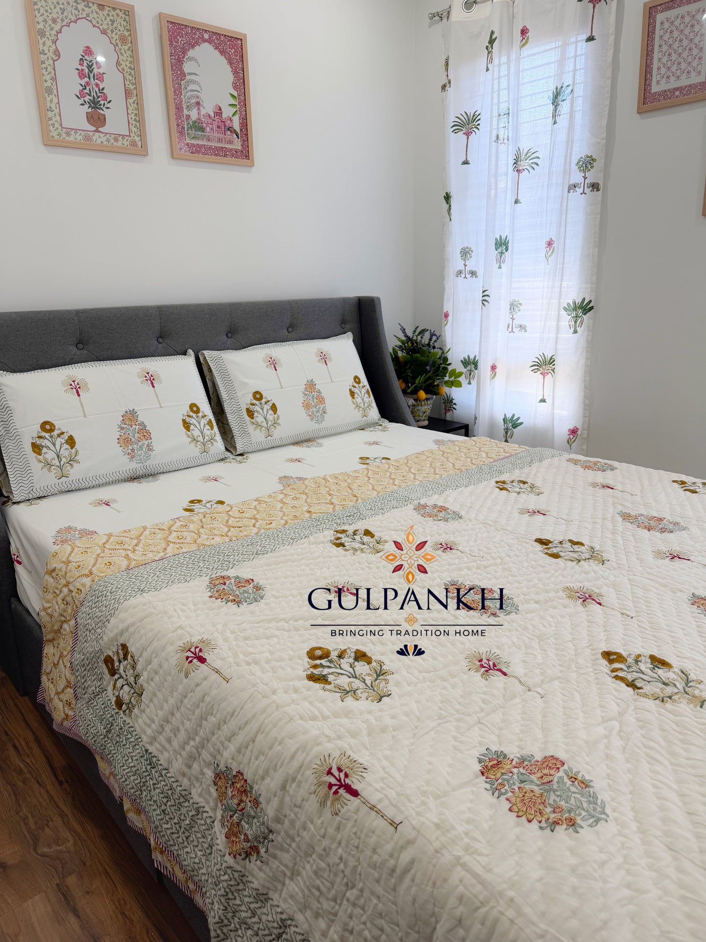 Hand Block Printed Cotton Bedding Set with Quilt - Gul Noor Bagh | Gulpankh Canada