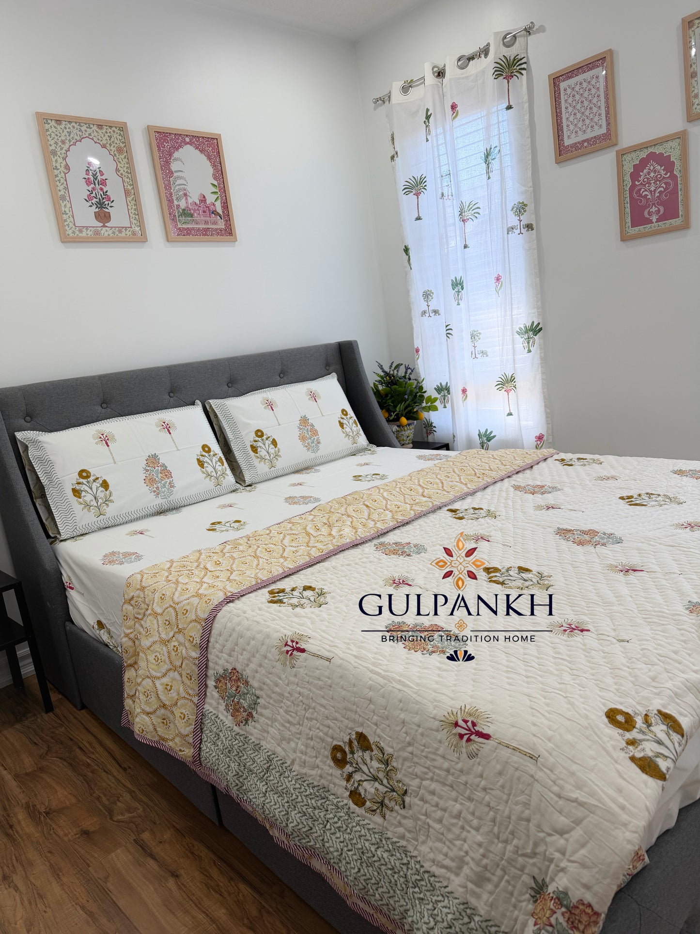 Hand Block Printed Cotton Bedding Set with Quilt - Gul Noor Bagh | Gulpankh Canada