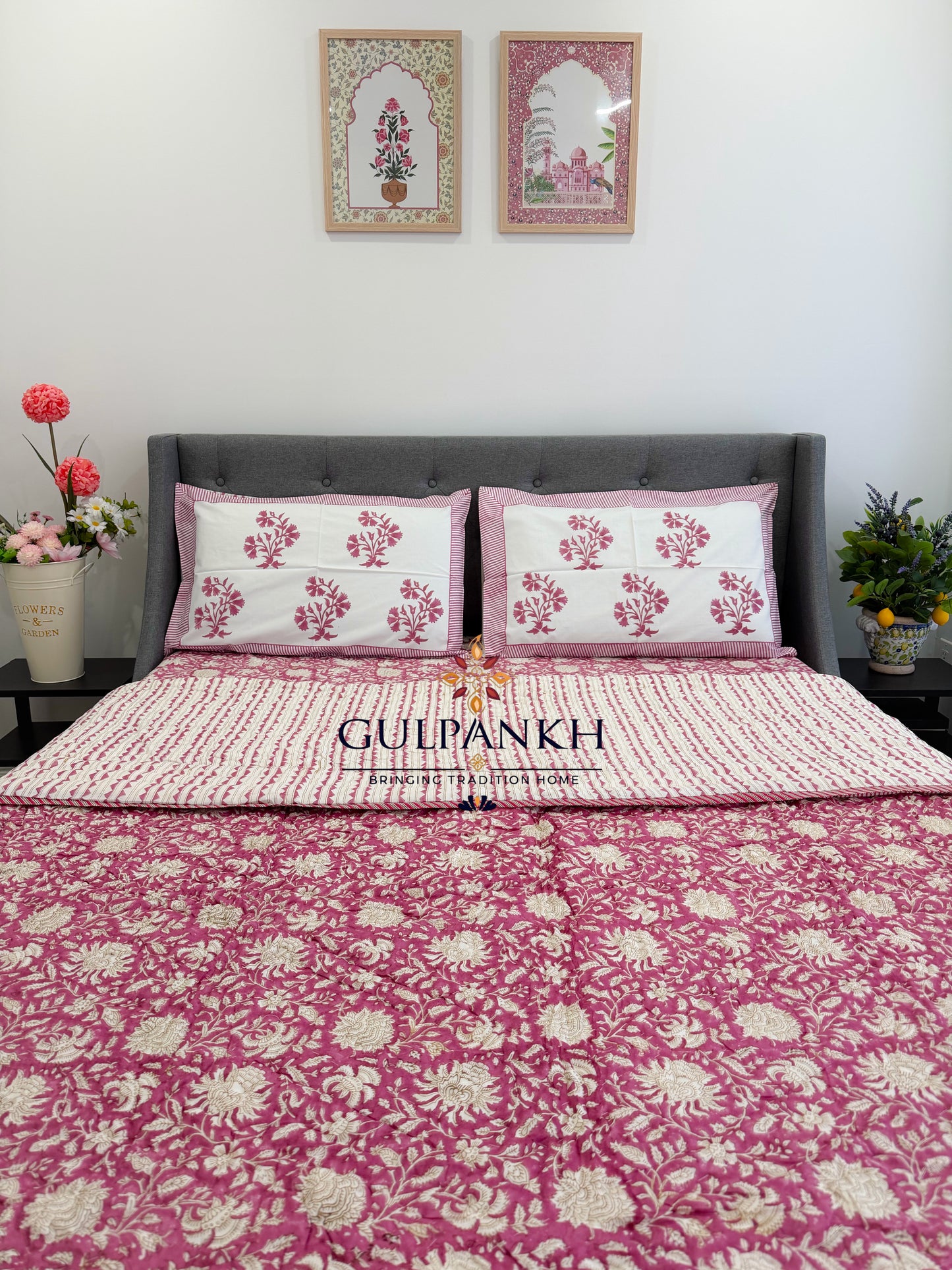 Hand Block Printed Cotton Bedding Set with Quilt - Gul Rang Mahal | Gulpankh Canada