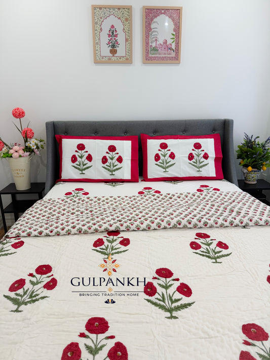 Hand Block Printed Cotton Bedding Set with Quilt - Red Poppy Gulzar | Gulpankh Canada