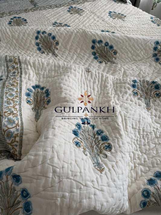 Blue Meadow Hand Block Printed Cotton Quilt | Gulpankh Canada