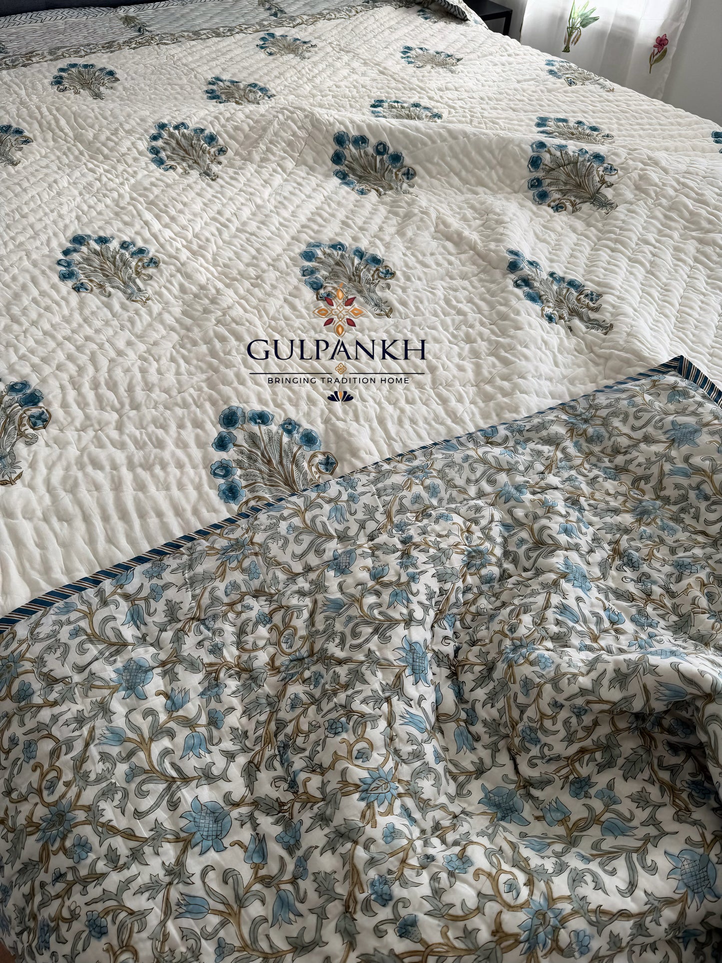 Blue Meadow Hand Block Printed Cotton Quilt | Gulpankh Canada