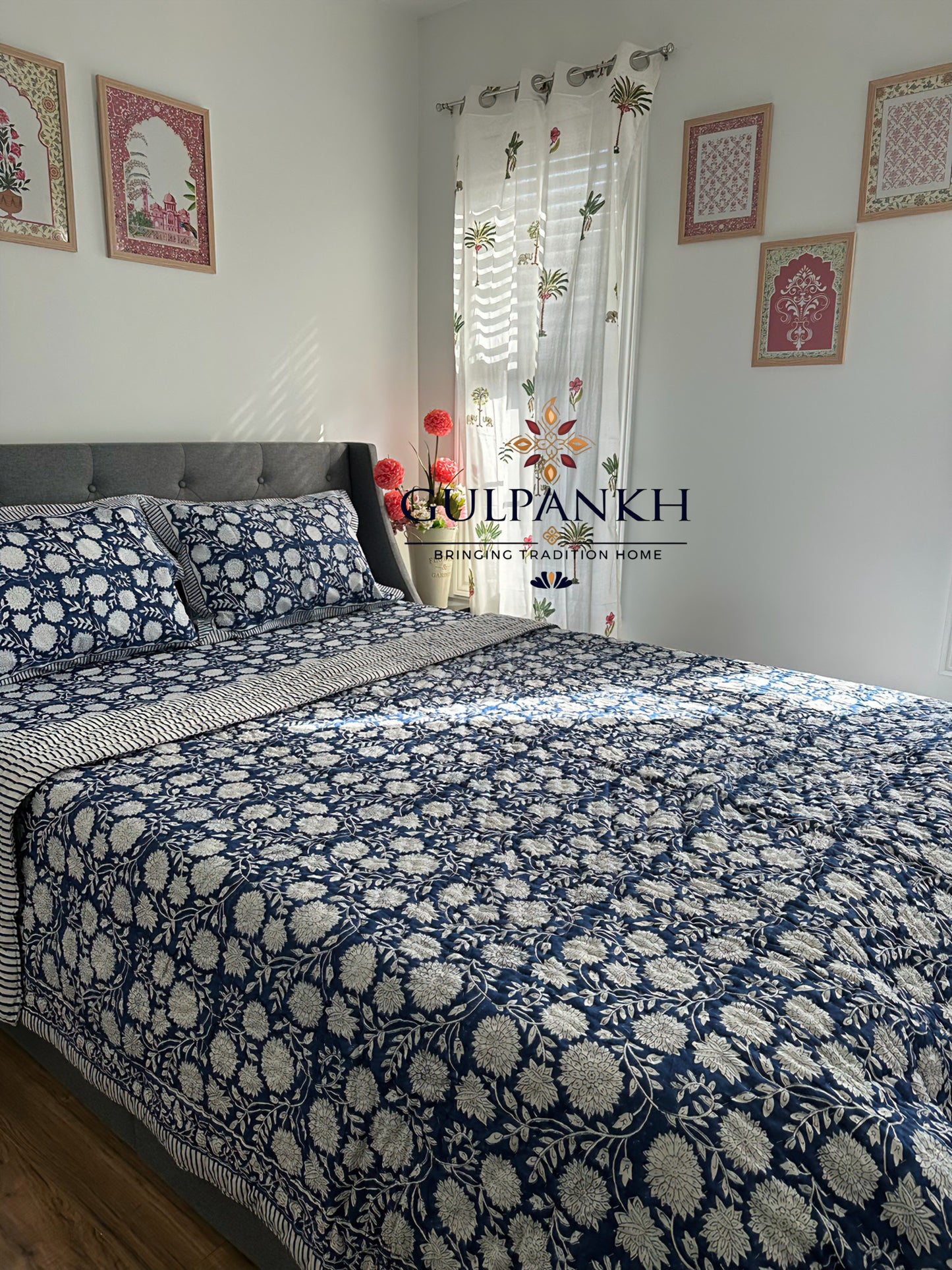 Indigo Garden Hand Block Printed Cotton Quilt | Gulpankh Canada