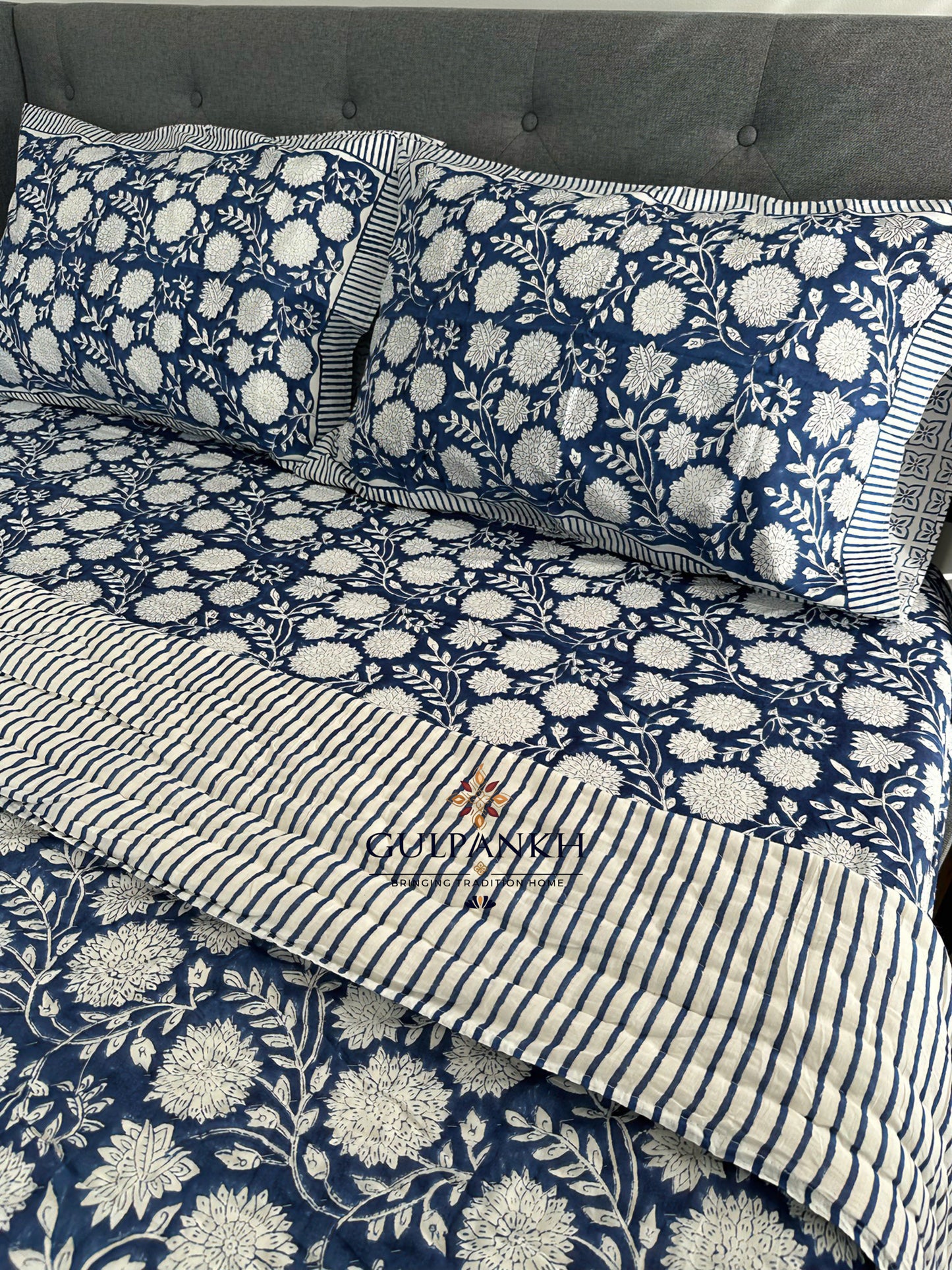 Indigo Garden Hand Block Printed Cotton Quilt | Gulpankh Canada