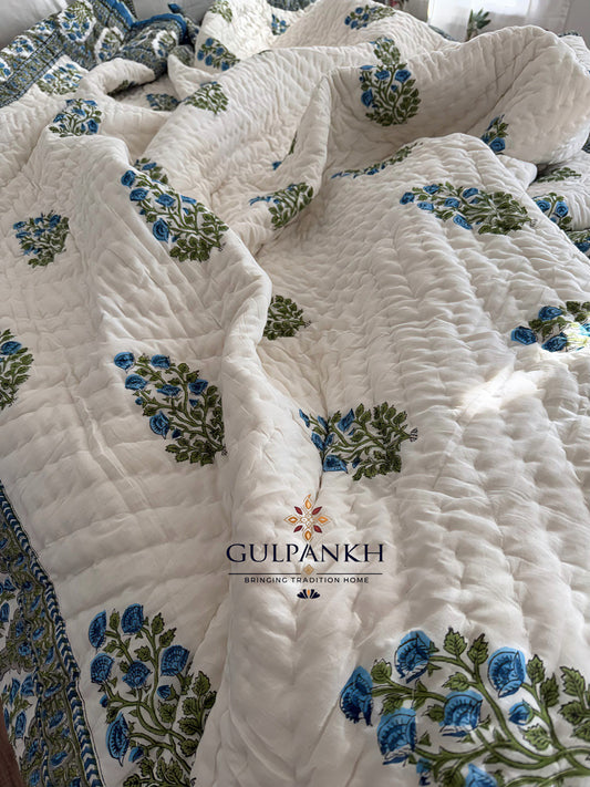 Neel Vatika Hand Block Printed Cotton Quilt | Gulpankh Canada
