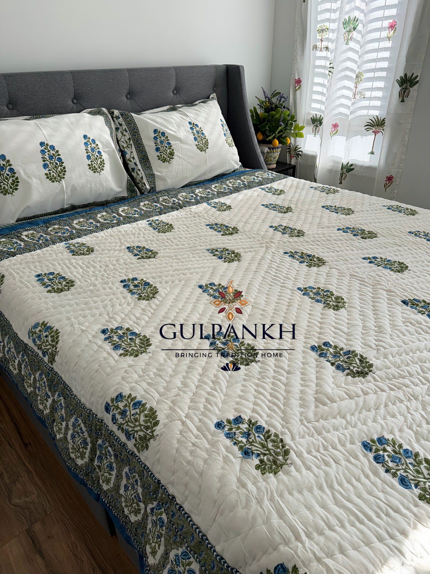 Neel Vatika Hand Block Printed Cotton Quilt | Gulpankh Canada