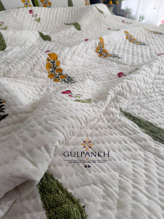 Marigold Garden Hand Block Printed Cotton Quilt | Gulpankh Canada
