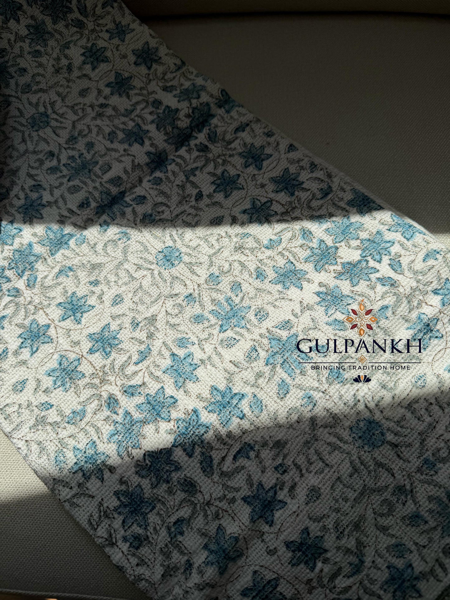 Hand Block Printed TNT Sofa Throw – Azure Bloom | Gulpankh Canada
