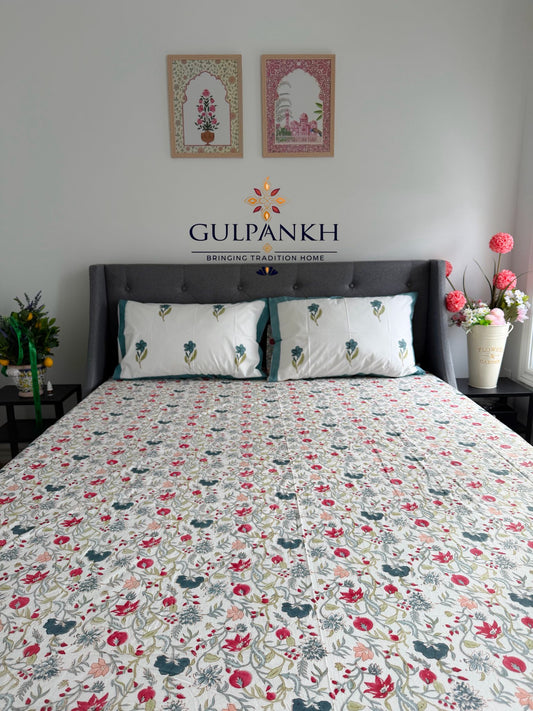 Gulpankh Hand Block Printed Floral Vine Bedsheet – Teal & Crimson on Ivory