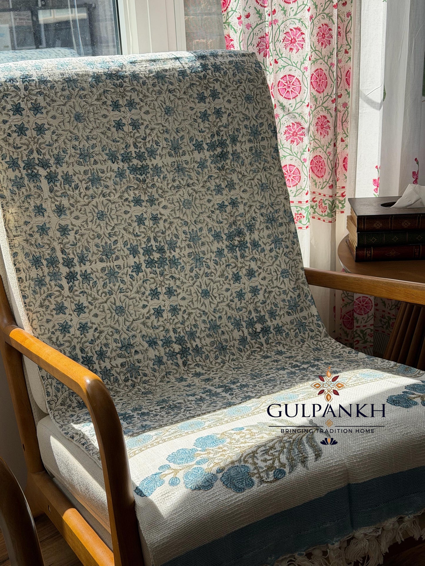 Hand Block Printed TNT Sofa Throw – Azure Bloom | Gulpankh Canada