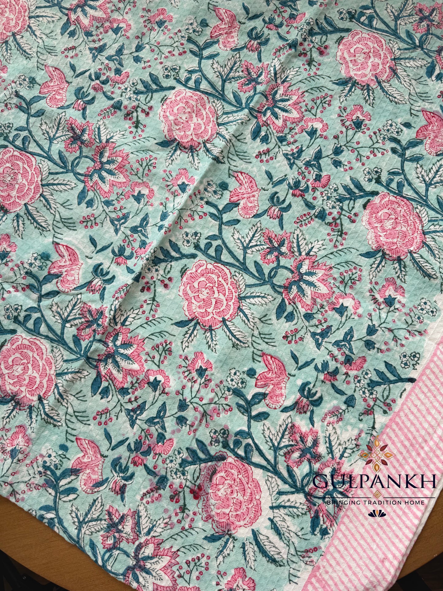 Rose Garden Aqua Hand Block Printed Waffle Cotton Towel | Gulpankh Canada