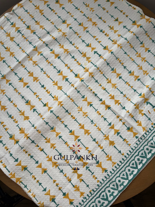 Mustard Teal Arrow Hand Block Printed Waffle Cotton Towel | Gulpankh Canada