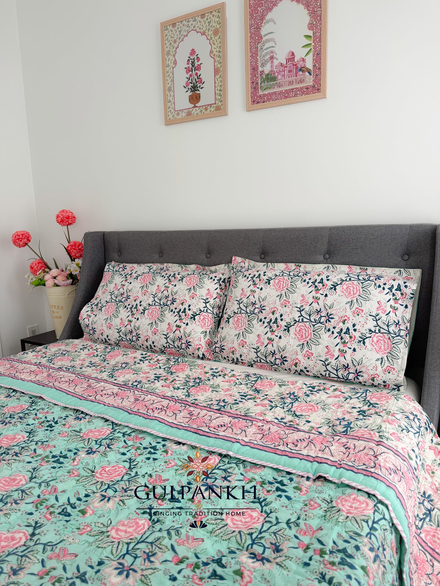 Hand Block Printed Cotton Quilt - Mint Gulab Garden | Gulpankh Canada