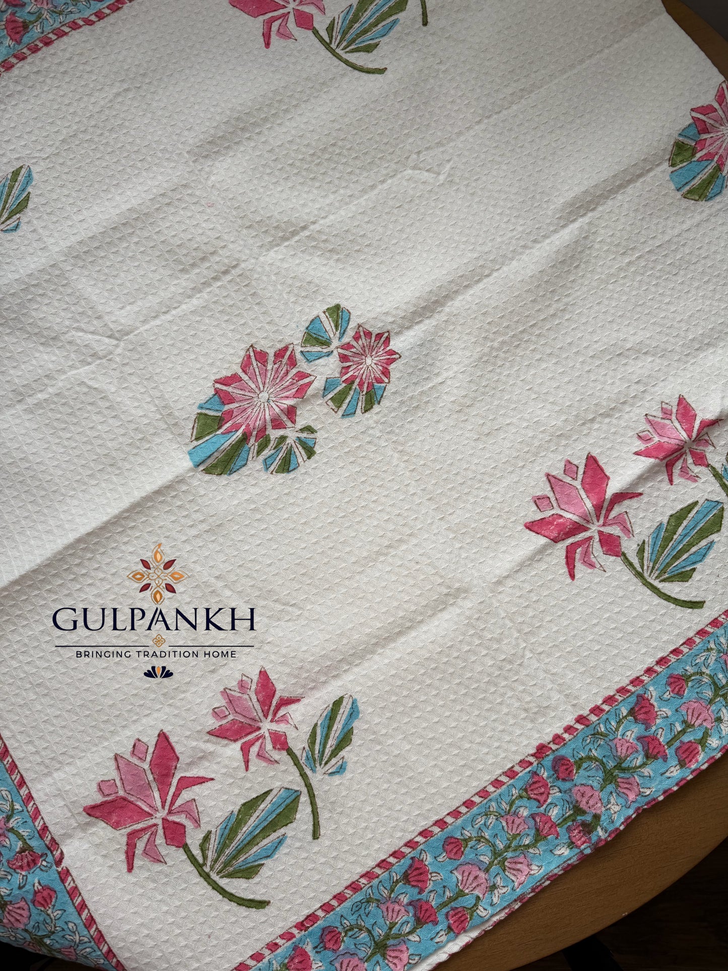 Gulnaar Bloom Hand Block Printed Waffle Cotton Towel | Gulpankh Canada