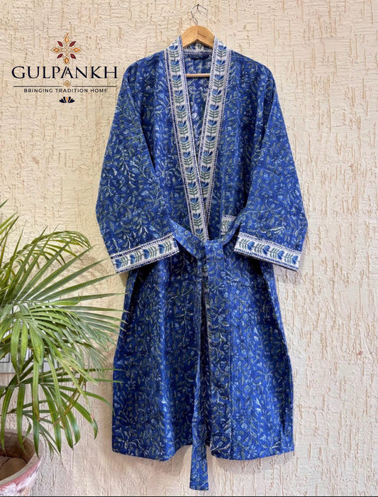 Indigo Vine Hand Block Printed Waffle Cotton Bathrobe – Cotton Spa Robe | Gulpankh Canada