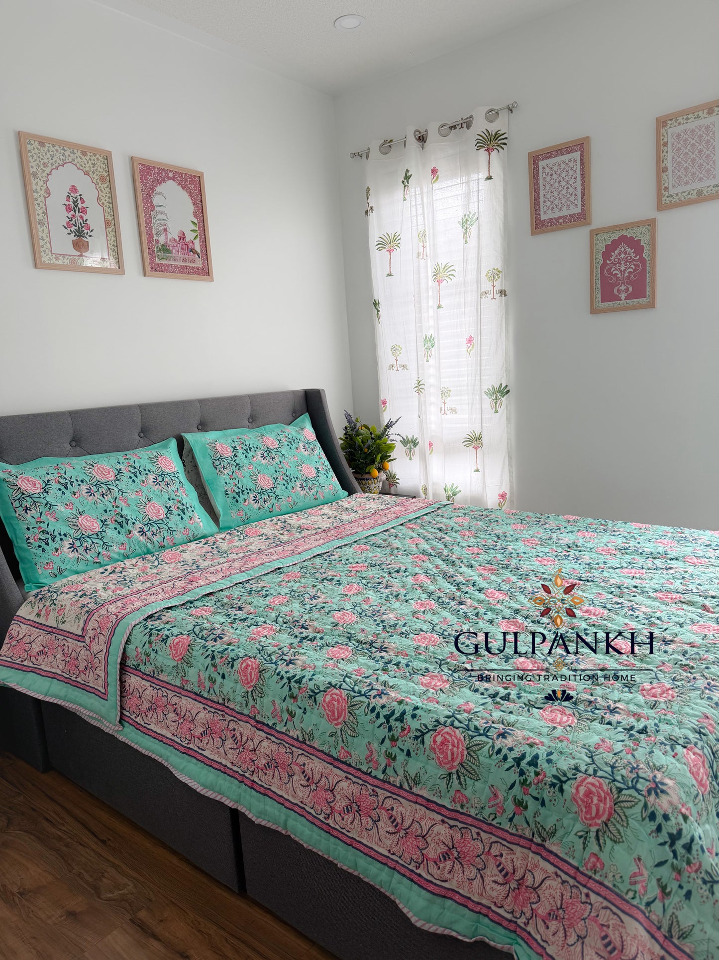 Hand Block Printed Cotton Quilt - Mint Gulab Garden | Gulpankh Canada