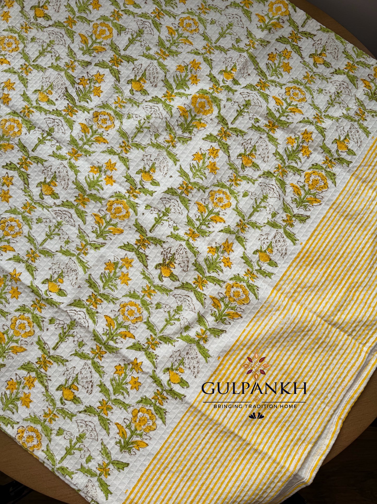 Marigold Bloom Hand Block Printed Waffle Cotton Towel | Gulpankh Canada