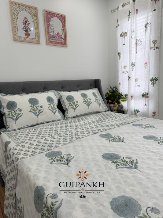 Sage Blossom Garden Hand Block Printed Cotton Bedsheet with Matching Duvet Cover | Gulpankh Canada