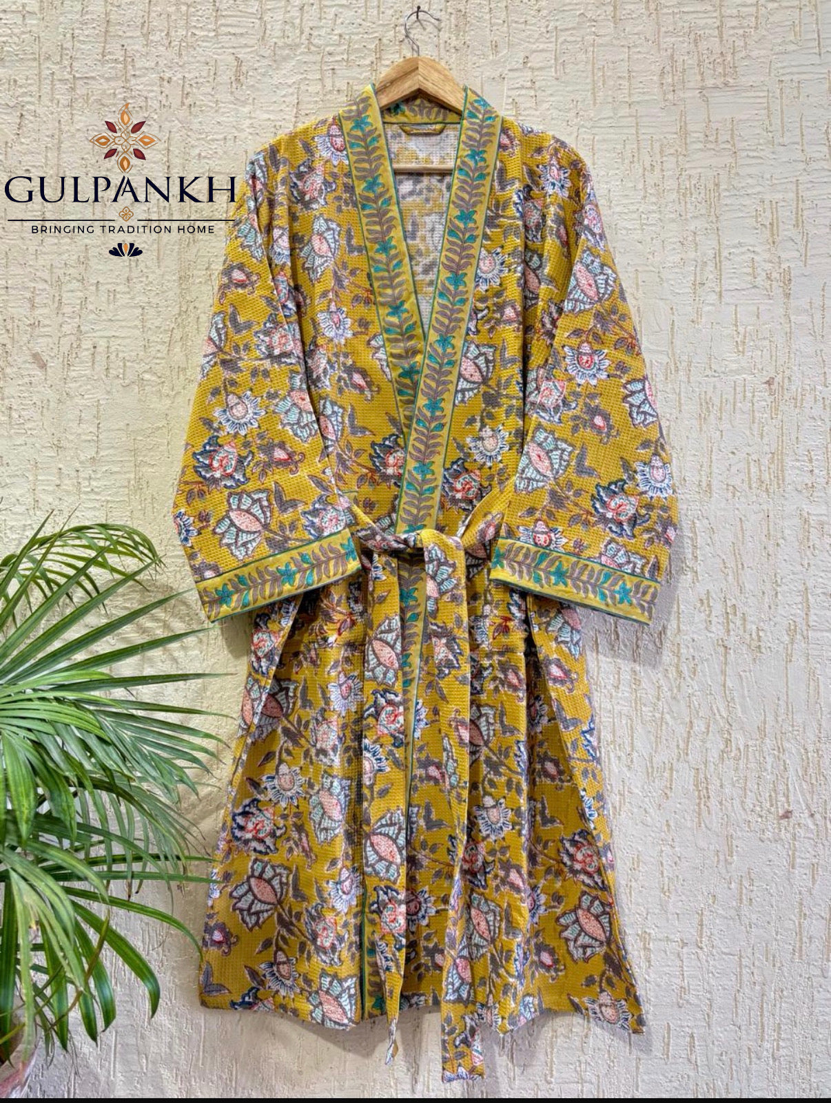 Mustard Bloom Hand Block Printed Waffle Cotton Bathrobe – Cotton Spa Robe | Gulpankh Canada