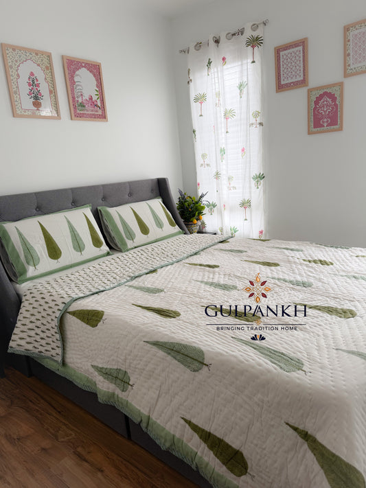 Hand Block Printed Cotton Quilt - Ivory Neem Leaf | Gulpankh Canada