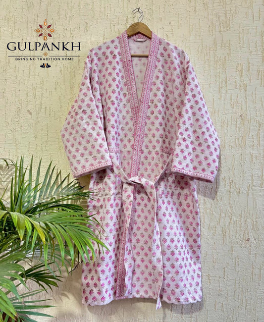 Pink Buti Hand Block Printed Waffle Cotton Bathrobe – Cotton Spa Robe | Gulpankh Canada