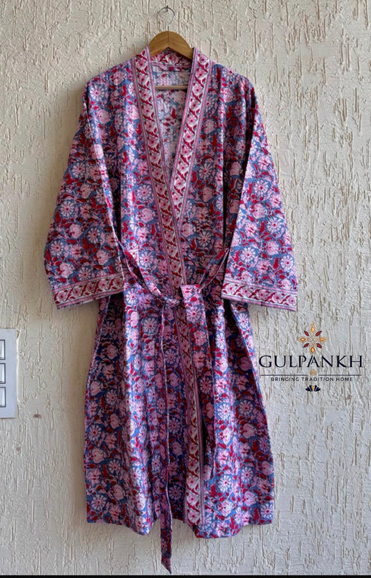 Rosewood Bloom Hand Block Printed Waffle Cotton Bathrobe – Cotton Spa Robe | Gulpankh Canada