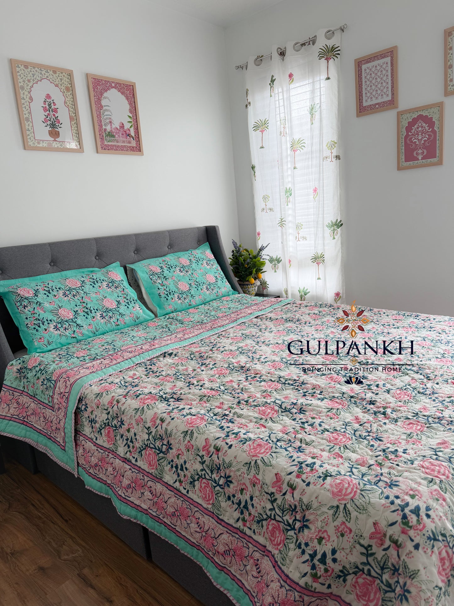 Hand Block Printed Cotton Quilt - Mint Gulab Garden | Gulpankh Canada