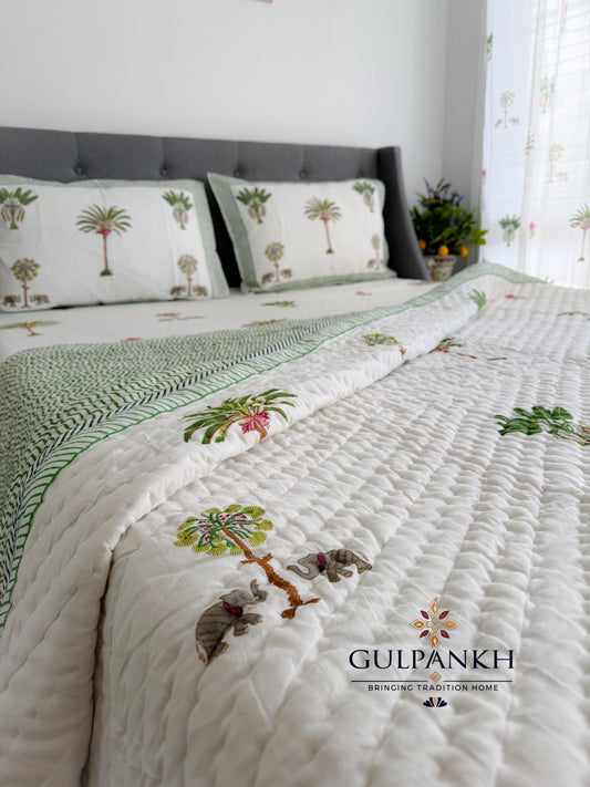 Royal Palm Garden Hand Block Printed Cotton Bedding Set with Quilt | Gulpankh Canada